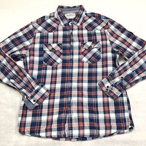 FLAG & ANTHEM Western Flannel Shirt Men L Red White Blue Plaid Pearl Snap Cowboy